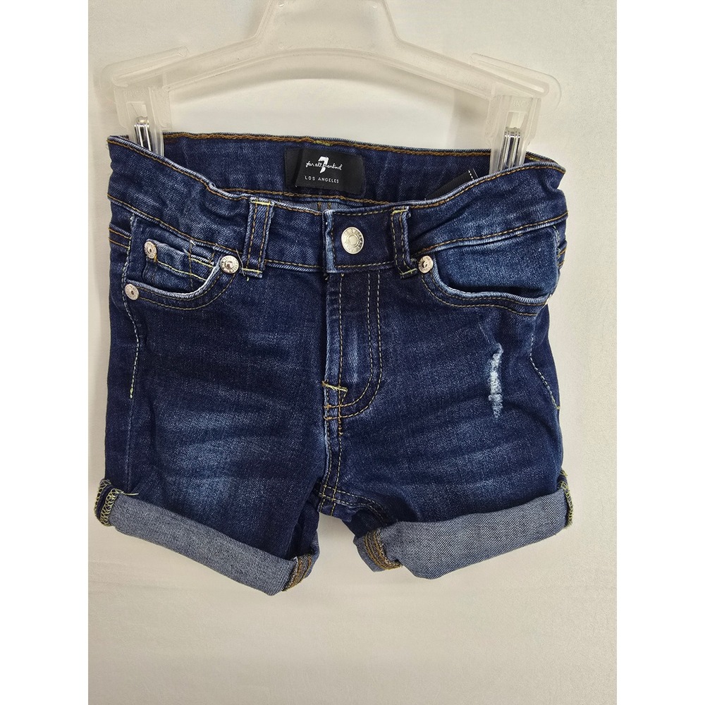 7 For All Mankind Girls Dark Wash Cuffed Denim Shorts Size 5 Distressed Squiggle